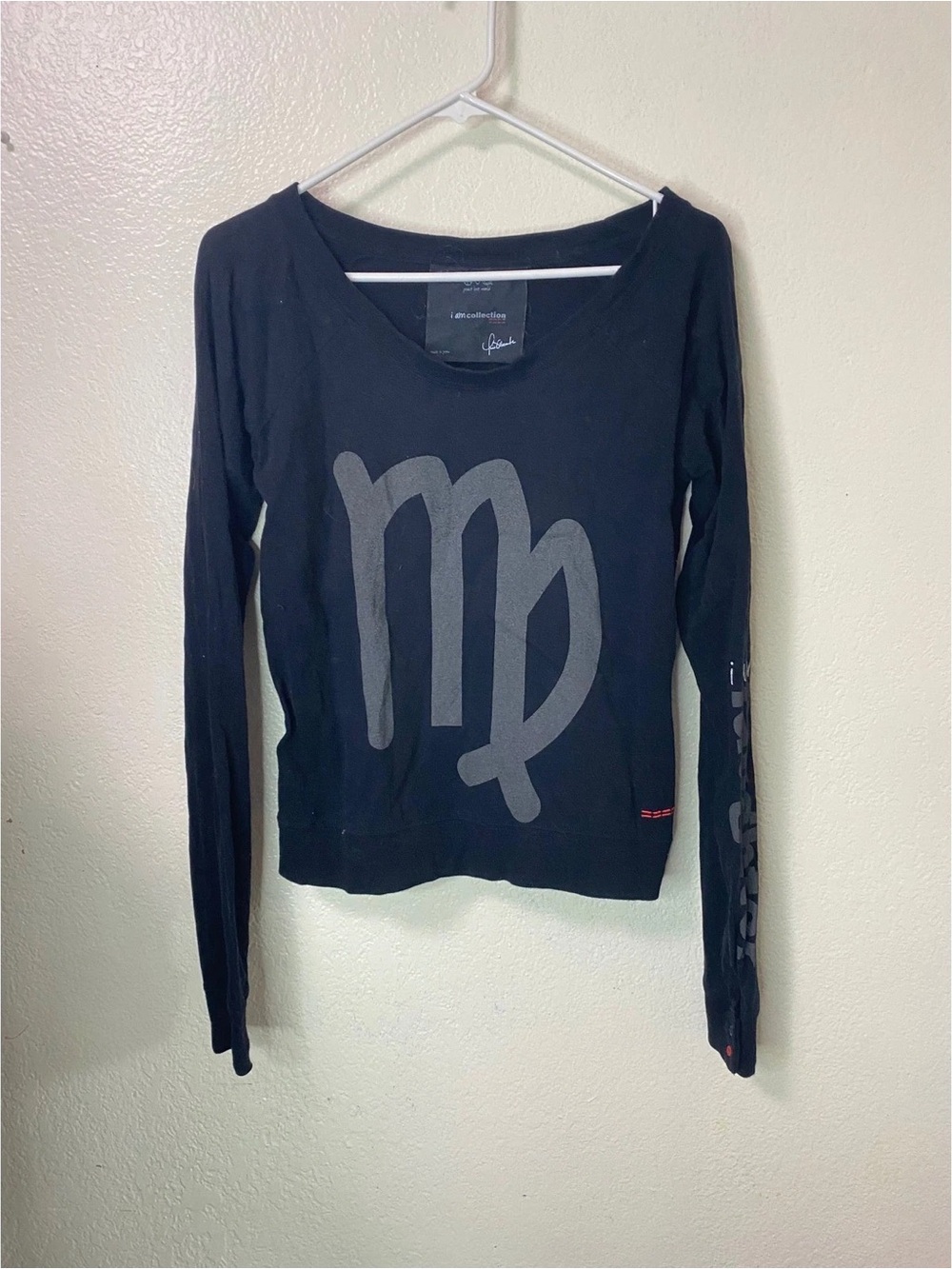 Peace Love World Blue Long-Sleeve Scoop Neck Tee with Gray Virgo Logo